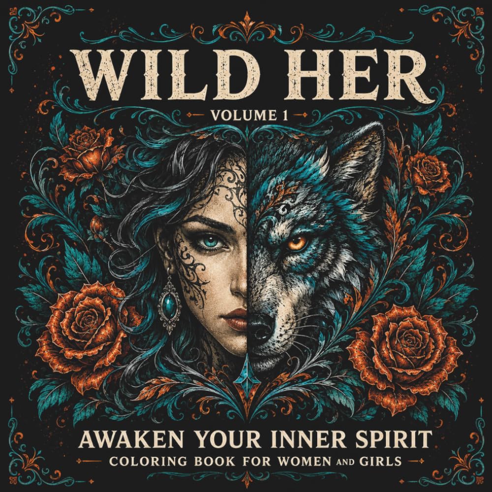 Cover of Wild Her, Volume 1: Awaken Your Inner Spirit, a colouring book featuring a woman and wolf surrounded by flowers.
