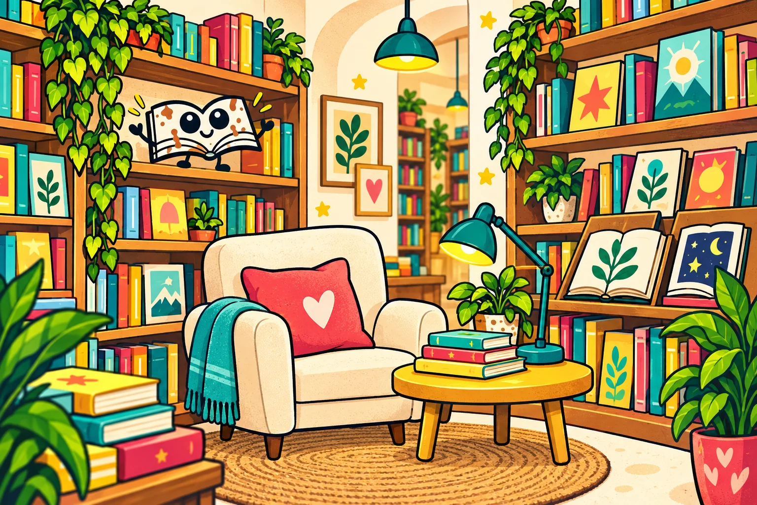 Colourful illustration of a cosy bookshop interior, with shelves of books and playful reading corners.
