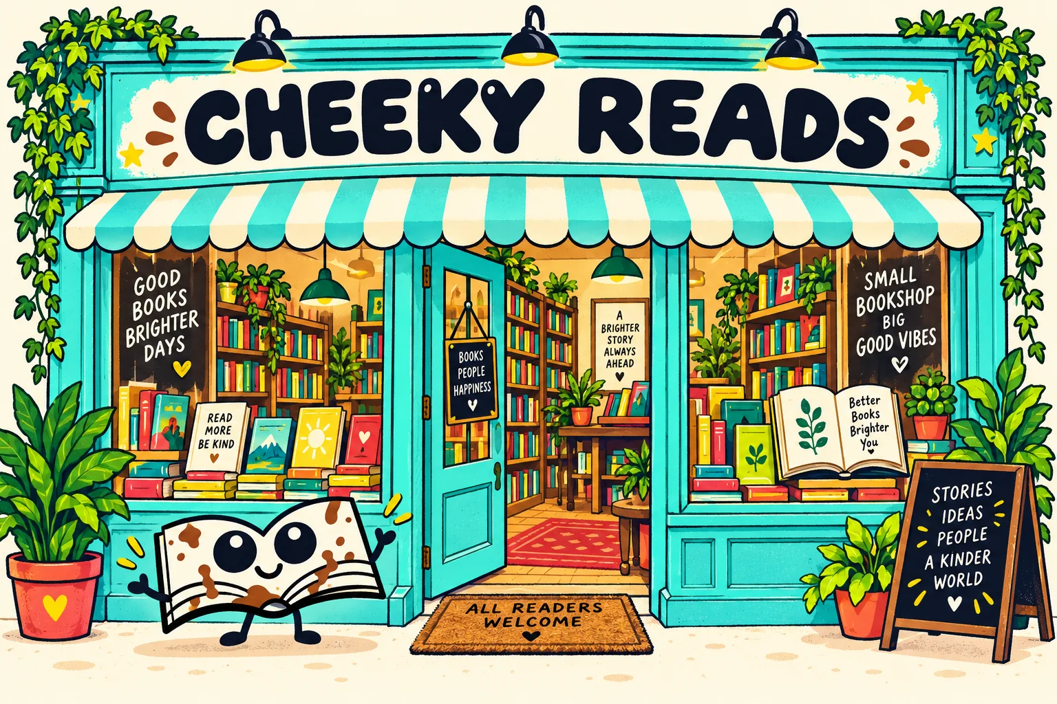 Playful illustration of a Cheeky Reads bookshop with colourful books and a welcoming shopfront.